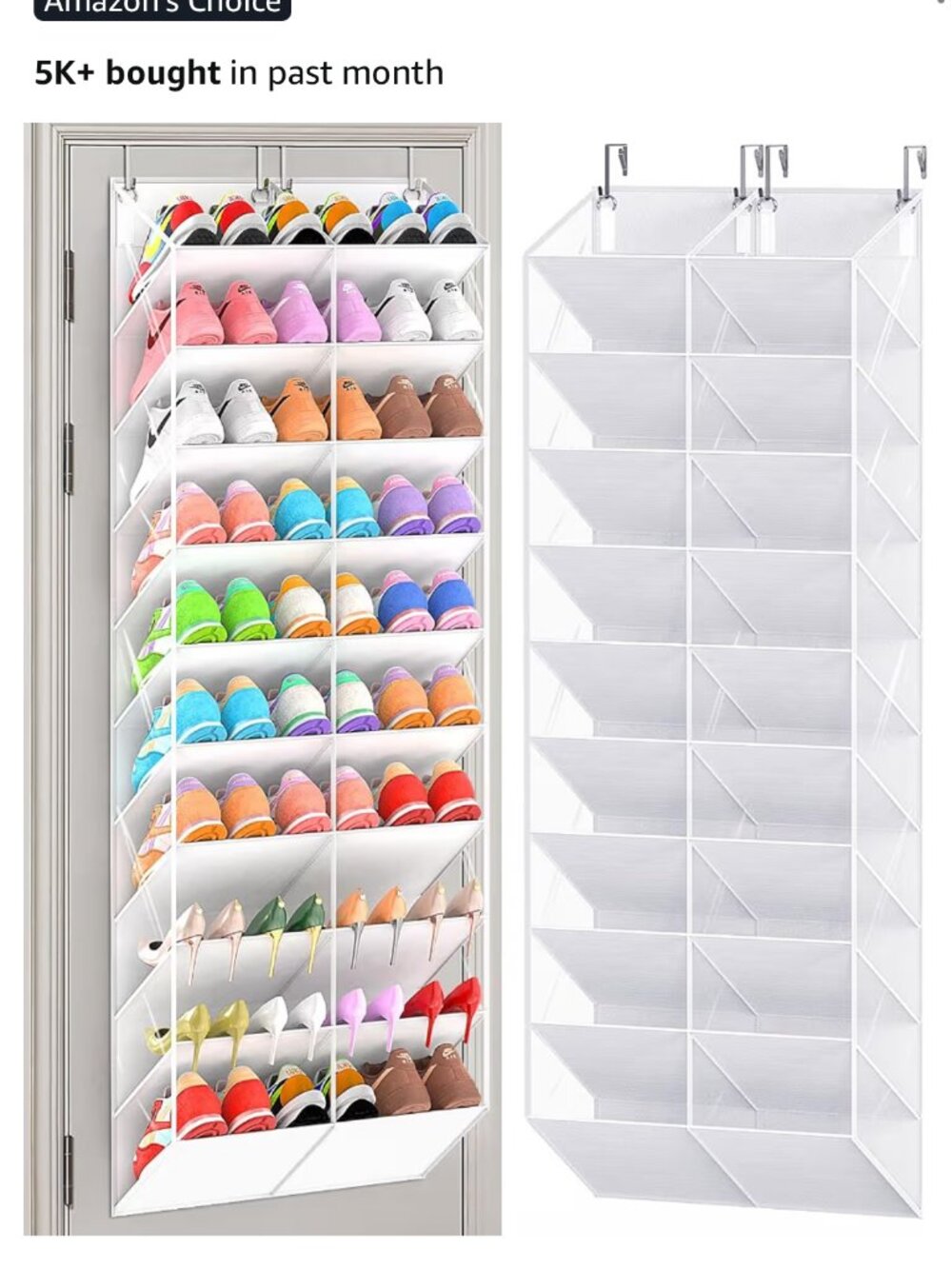 White and clear hanging shoe rack, 20-30 pairs of shoes